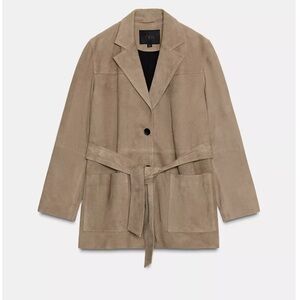 Zara Women's Tan stone 100% leather Belted Jacket L NWT